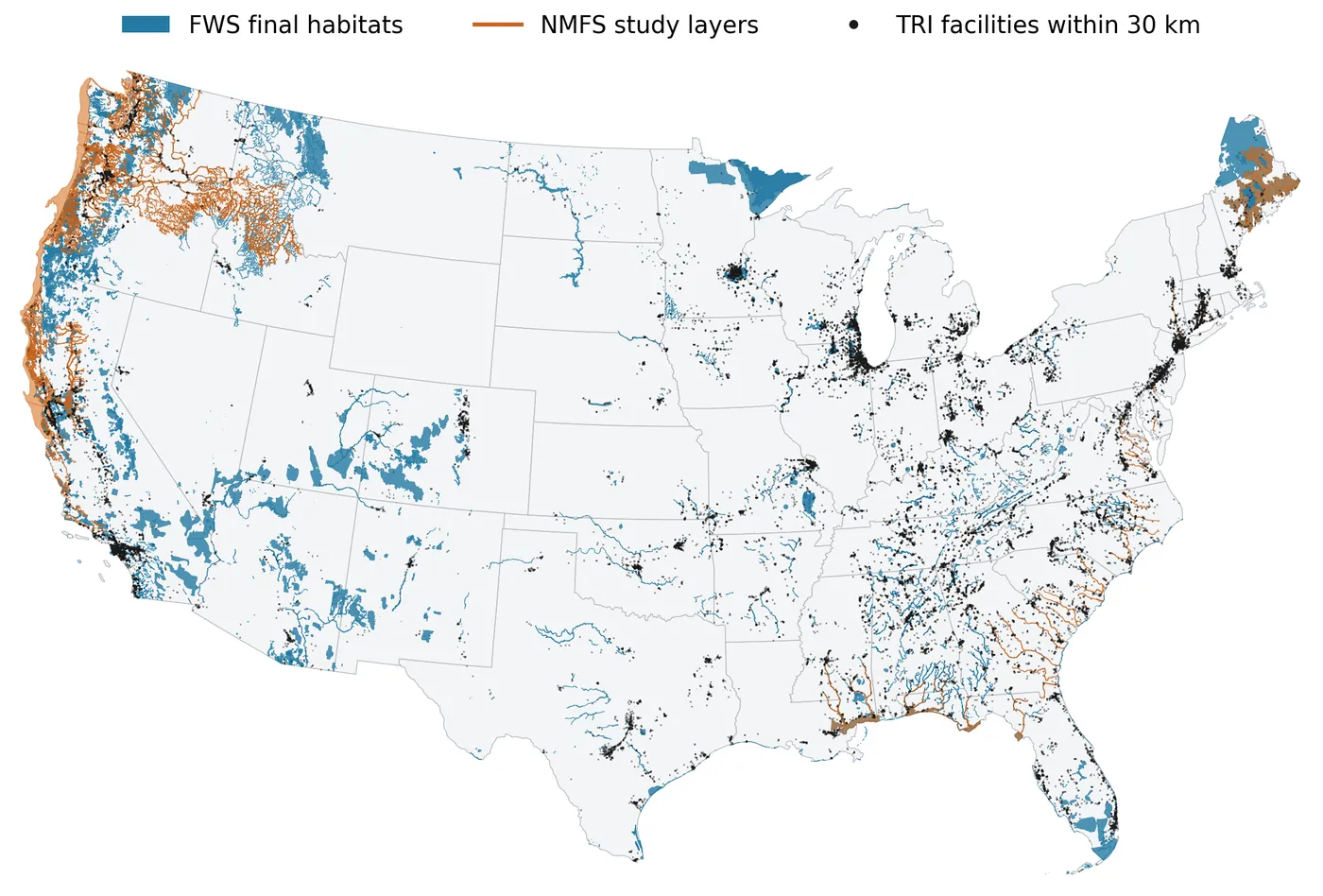 Map of the contiguous United States. Designated critical habitat is shaded blue, with fish habitat in orange concentrated in the Pacific Northwest, California, and southeastern rivers. Black points mark industrial facilities within 30 km of designated habitat, clustered around the Great Lakes, the Northeast corridor, and the Southeast.