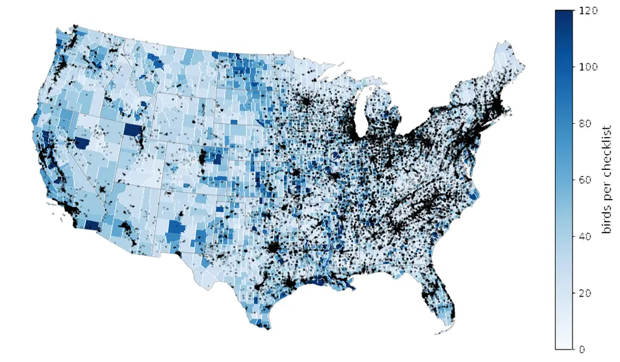 Map of the contiguous United States. Counties are shaded blue by average bird abundance per eBird checklist, and black points mark the locations of thousands of industrial facilities, which cluster densely in the eastern half of the country.
